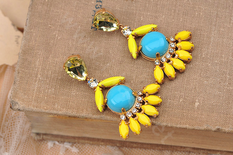Luxury fashion women flower crystal diamond gems earrings - Yellow Blue