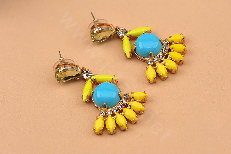 Luxury fashion women flower crystal diamond gems earrings - Yellow Blue