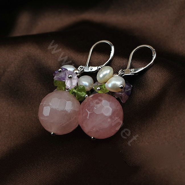 Luxury fashion women flower gems pearls earrings silver - Pink
