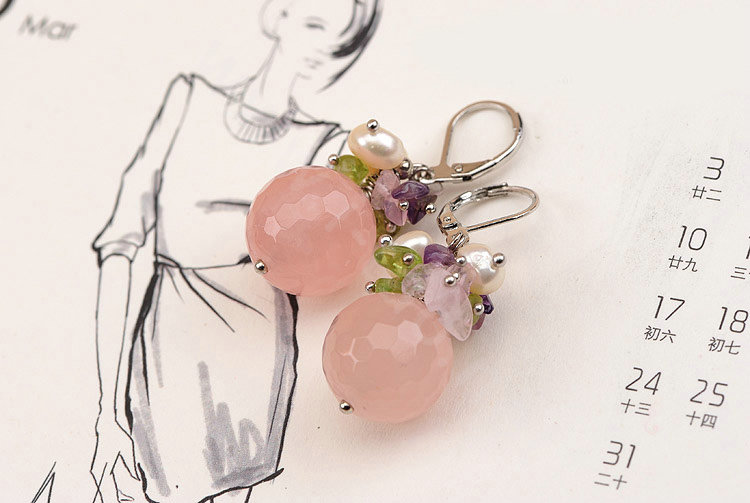 Luxury fashion women flower gems pearls earrings silver - Pink