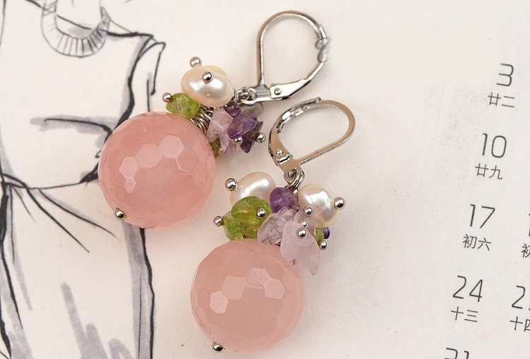 Luxury fashion women flower gems pearls earrings silver - Pink