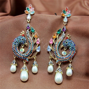 Luxury fashion women peacock crystal diamond earrings 18k gold plated - Multicolor
