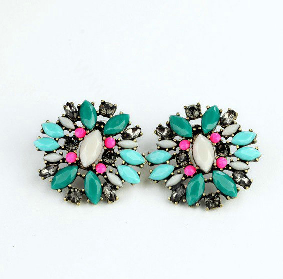 Luxury fashion women retro crystal diamond gems earrings gold plated - Blue