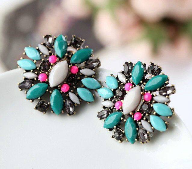Luxury fashion women retro crystal diamond gems earrings gold plated - Blue