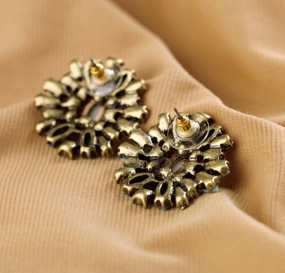 Luxury fashion women retro crystal diamond gems earrings gold plated - Blue