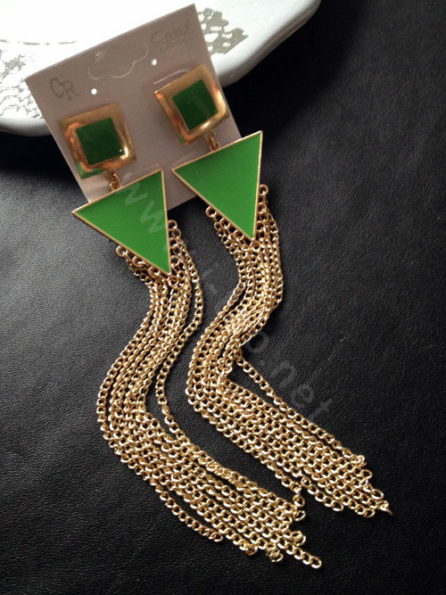 New fashion women triangle tassel chandelier dangle earrings gold plated - Green