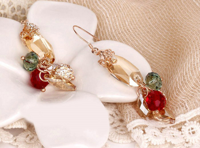 Luxury crystal bead diamond 925 sterling silver elegant dangle earrings - Champagne