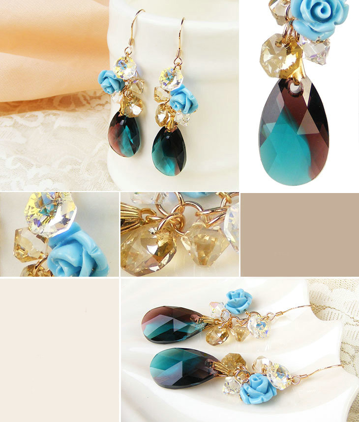 Luxury crystal bead diamond 925 sterling silver flower dangle earrings - Blue