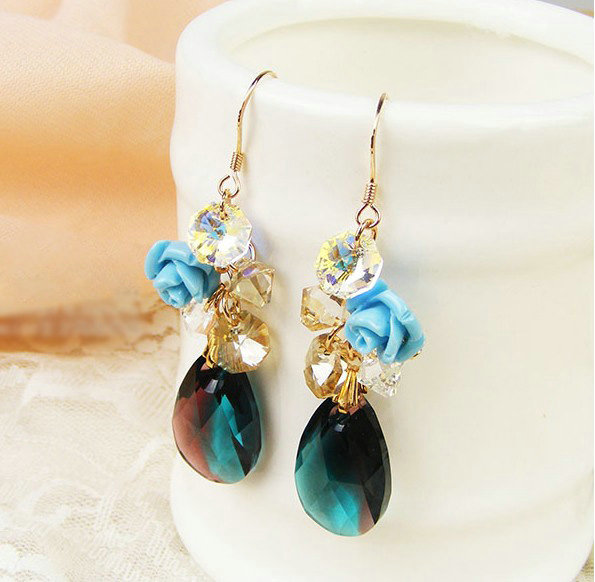 Luxury crystal bead diamond 925 sterling silver flower dangle earrings - Blue