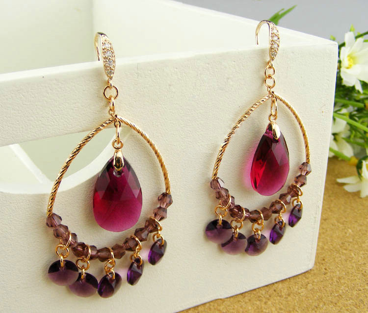 Luxury crystal bead diamond 925 sterling silver large hoop earrings - Purple