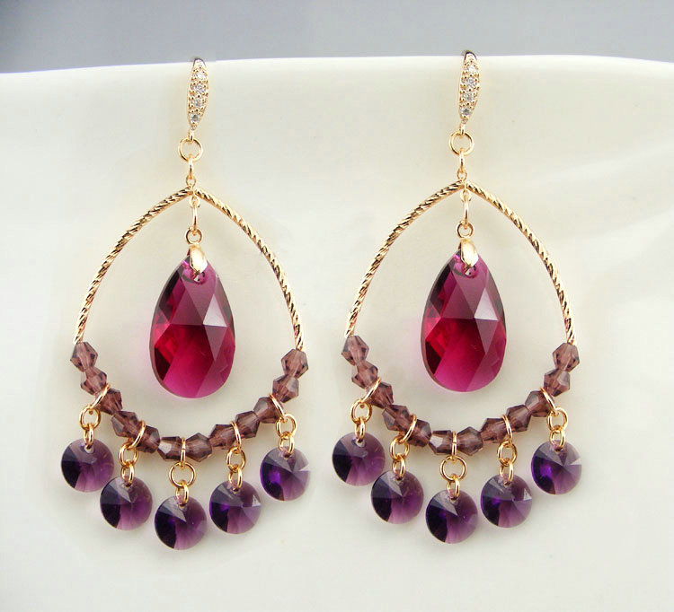 Luxury crystal bead diamond 925 sterling silver large hoop earrings - Purple