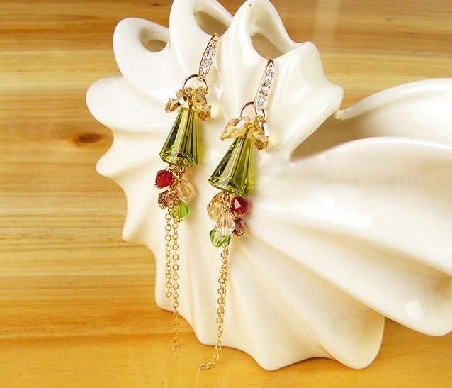 Luxury crystal bead diamond 925 sterling silver long tassel dangle earrings - Green