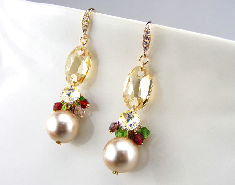 Luxury crystal bead diamond 925 sterling silver pearl dangle earrings - Champagne