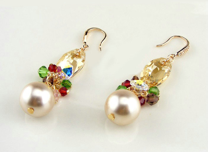 Luxury crystal bead diamond 925 sterling silver pearl dangle earrings - Champagne