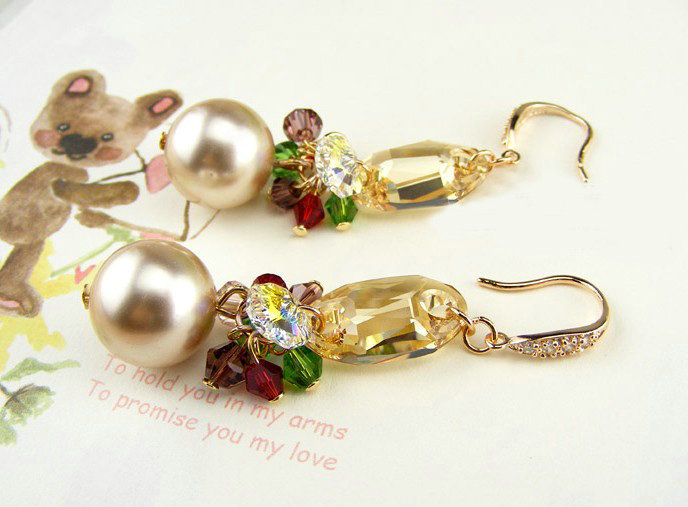 Luxury crystal bead diamond 925 sterling silver pearl dangle earrings - Champagne