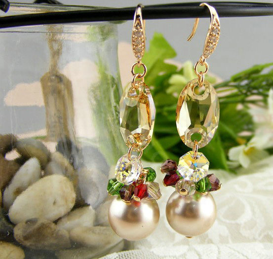 Luxury crystal bead diamond 925 sterling silver pearl dangle earrings - Champagne