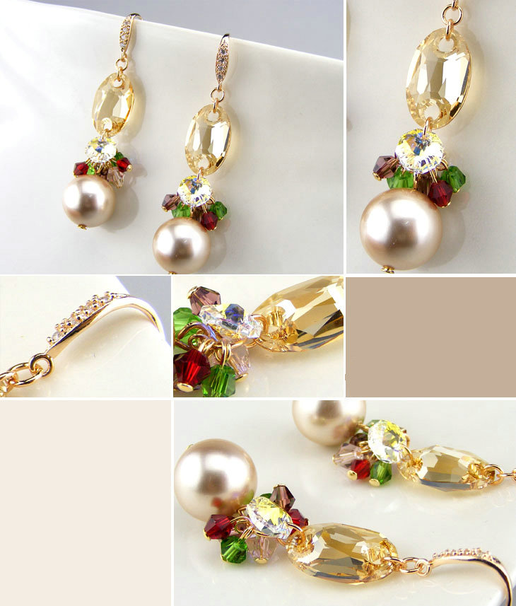 Luxury crystal bead diamond 925 sterling silver pearl dangle earrings - Champagne