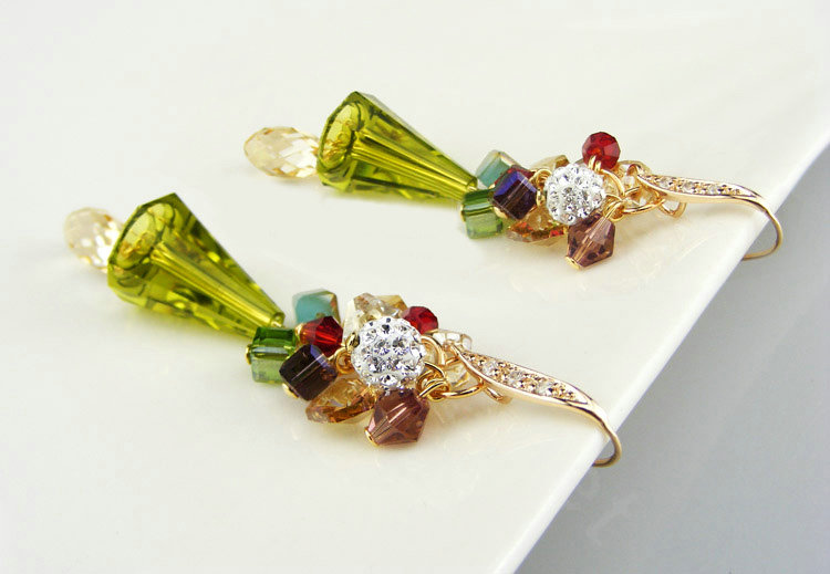 Luxury crystal diamond 925 sterling silver chandelier tassel dangle earrings - Green