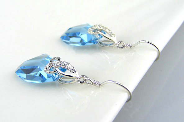 Luxury crystal diamond 925 sterling silver dangle earrings 4cm - Blue