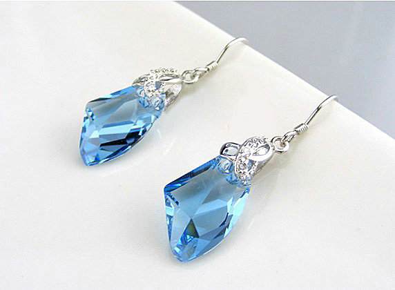 Luxury crystal diamond 925 sterling silver dangle earrings 4cm - Blue