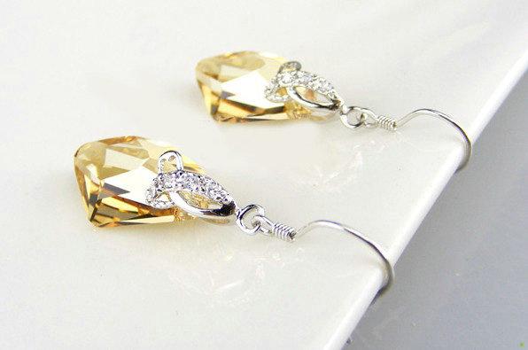 Luxury crystal diamond 925 sterling silver dangle earrings 4cm - Champagne
