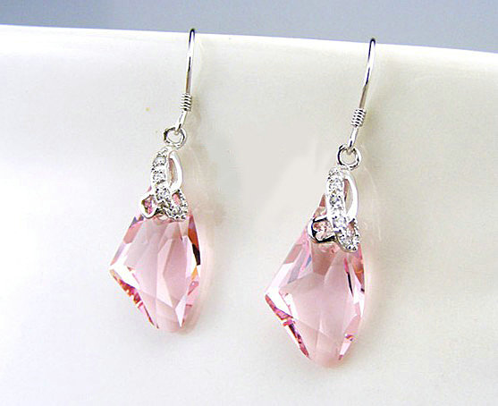 Luxury crystal diamond 925 sterling silver dangle earrings 4cm - Pink