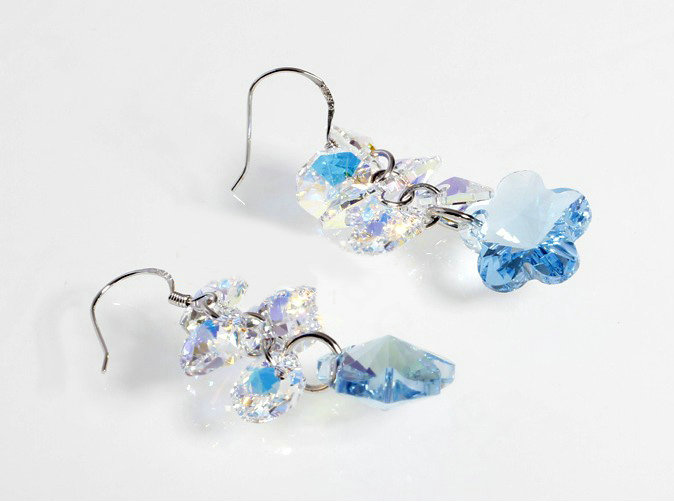 Luxury crystal diamond 925 sterling silver elegant flower dangle earrings - Blue