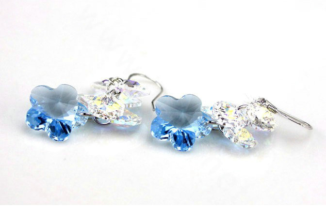 Luxury crystal diamond 925 sterling silver elegant flower dangle earrings - Blue