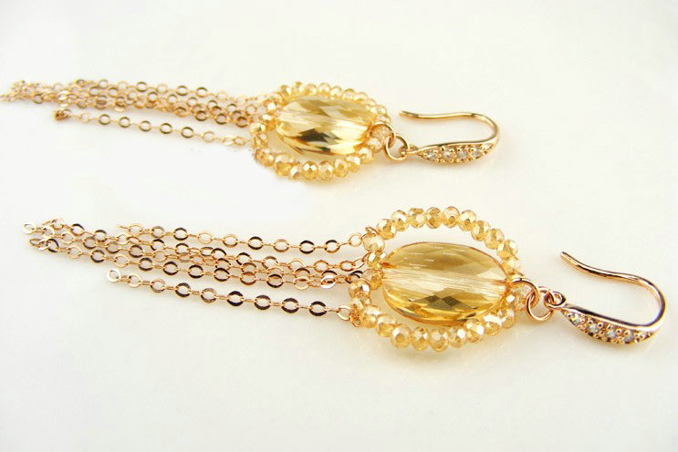 Luxury crystal diamond 925 sterling silver elegant long tassel dangle earrings - Champagne