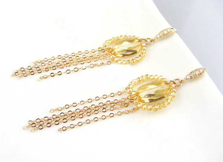 Luxury crystal diamond 925 sterling silver elegant long tassel dangle earrings - Champagne
