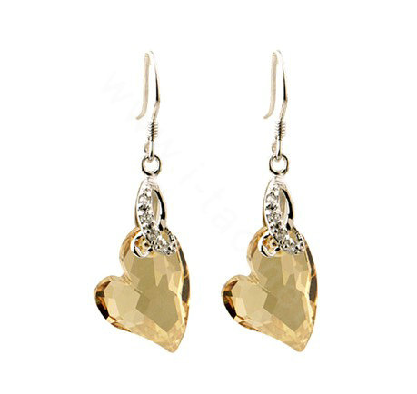 Luxury crystal diamond 925 sterling silver heart dangle earrings - Champagne