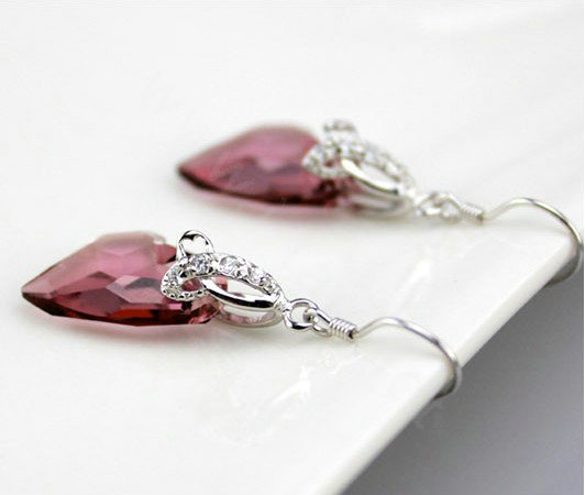 Luxury crystal diamond 925 sterling silver heart dangle earrings - Purple