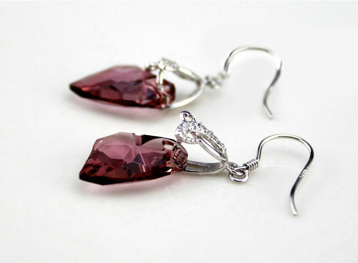 Luxury crystal diamond 925 sterling silver heart dangle earrings - Purple