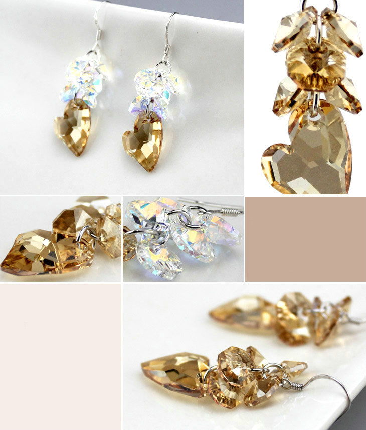 Luxury crystal diamond 925 sterling silver heart tassel dangle earrings - Champagne White