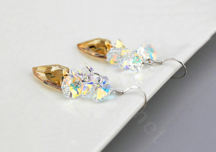 Luxury crystal diamond 925 sterling silver heart tassel dangle earrings - Champagne White