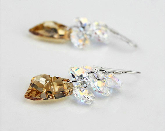 Luxury crystal diamond 925 sterling silver heart tassel dangle earrings - Champagne White
