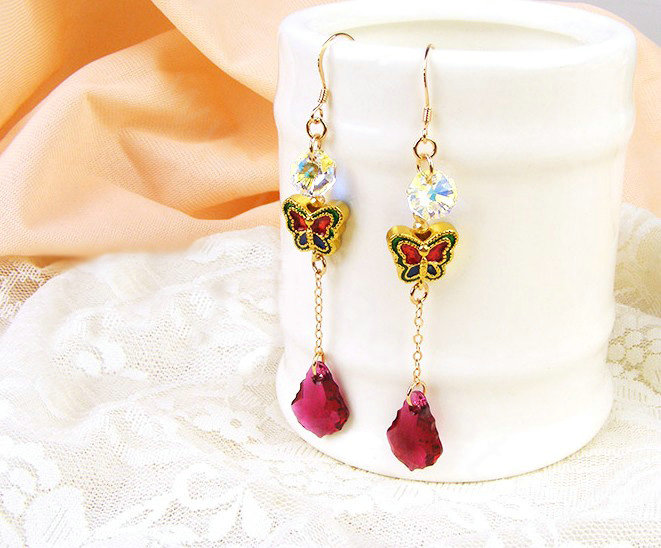 Luxury crystal diamond 925 sterling silver long butterfly dangle earrings - Rose
