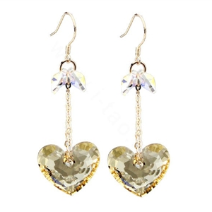 Luxury crystal diamond 925 sterling silver long heart dangle earrings - Champagne