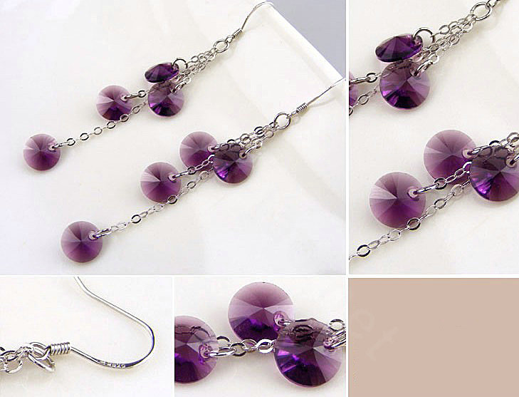 Luxury crystal diamond 925 sterling silver long tassel dangle earrings - Purple
