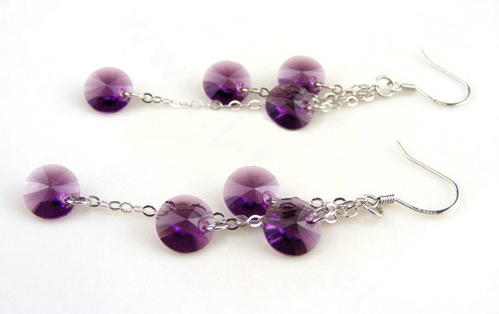 Luxury crystal diamond 925 sterling silver long tassel dangle earrings - Purple