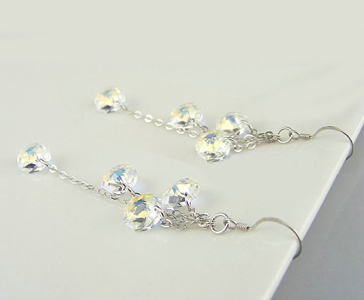 Luxury crystal diamond 925 sterling silver long tassel dangle earrings - White