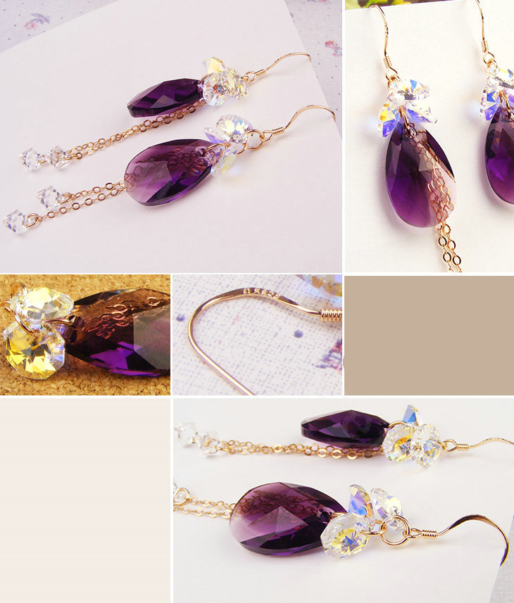 Luxury crystal diamond 925 sterling silver long tassel raindrop dangle earrings - Purple