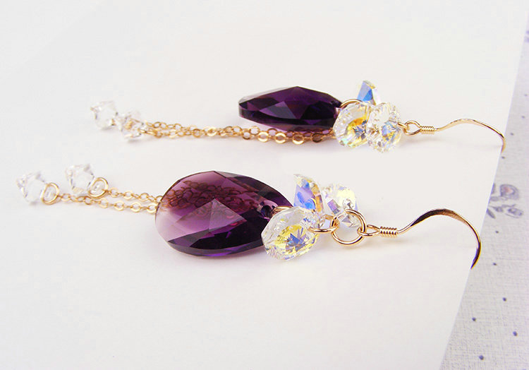 Luxury crystal diamond 925 sterling silver long tassel raindrop dangle earrings - Purple