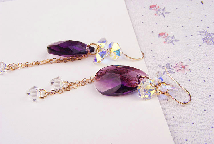 Luxury crystal diamond 925 sterling silver long tassel raindrop dangle earrings - Purple
