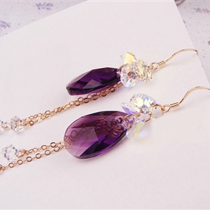 Luxury crystal diamond 925 sterling silver long tassel raindrop dangle earrings - Purple