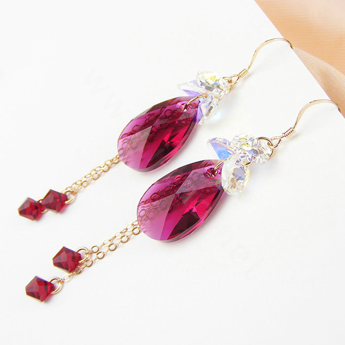 Luxury crystal diamond 925 sterling silver long tassel raindrop dangle earrings - Rose