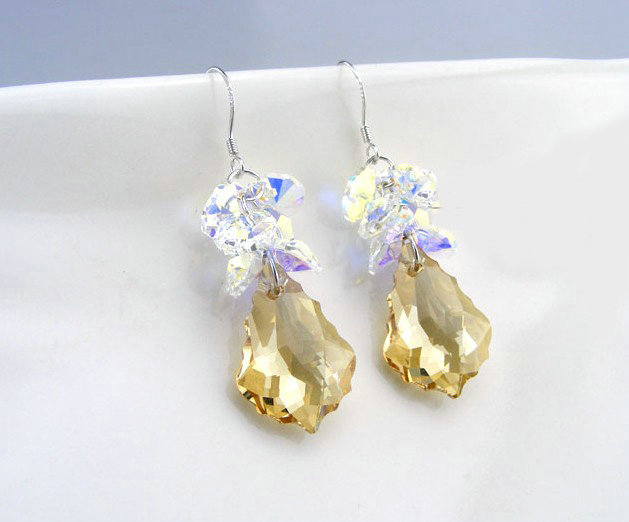 Luxury crystal diamond 925 sterling silver raindrop dangle earrings 48mm - Champagne