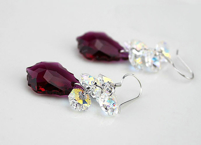 Luxury crystal diamond 925 sterling silver raindrop dangle earrings 48mm - Purple