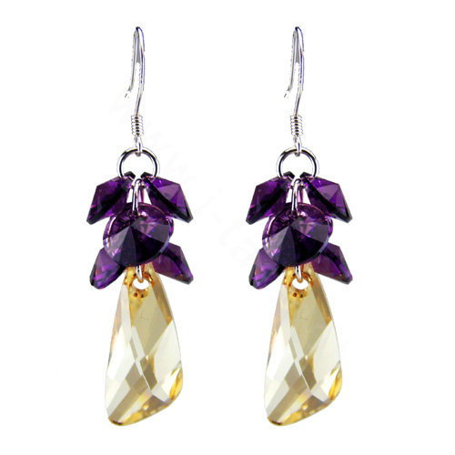 Luxury crystal diamond 925 sterling silver raindrop dangle earrings - Champagne Purple