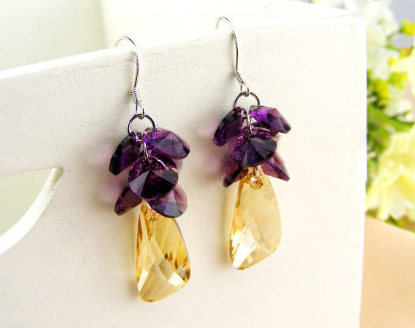 Luxury crystal diamond 925 sterling silver raindrop dangle earrings - Champagne Purple